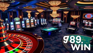 Experience the excitement of 789 win at a luxurious casino with vibrant slot machines and roulette tables.