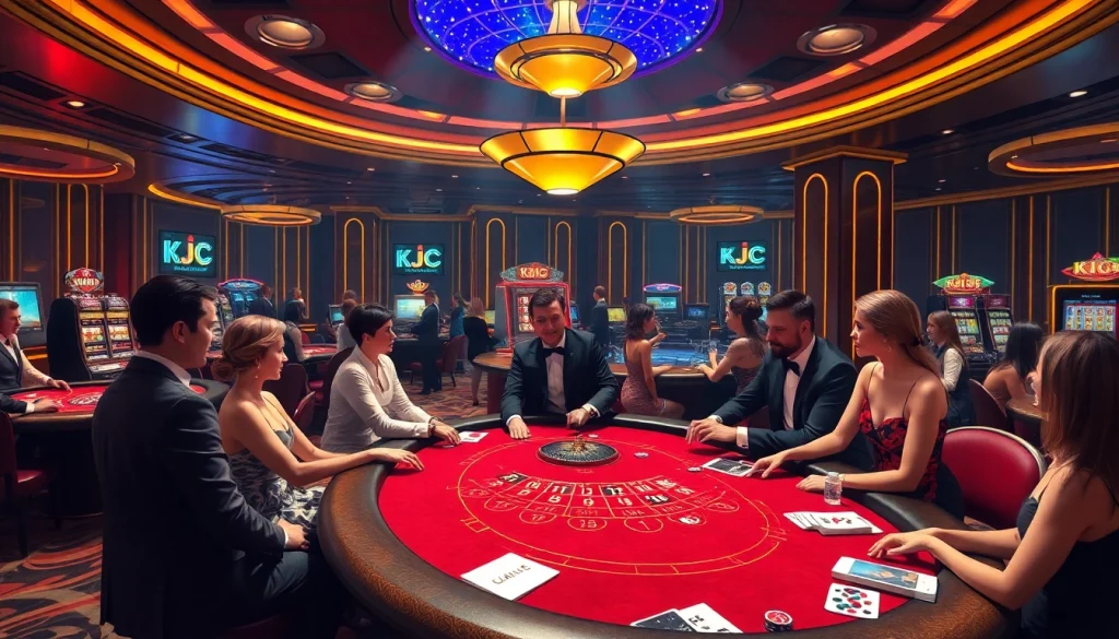 KJC branded casino scene with players enjoying blackjack, roulette, and vibrant games.