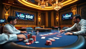 Experience thrilling gameplay at vn168 with a high-stakes poker table and vibrant chips.