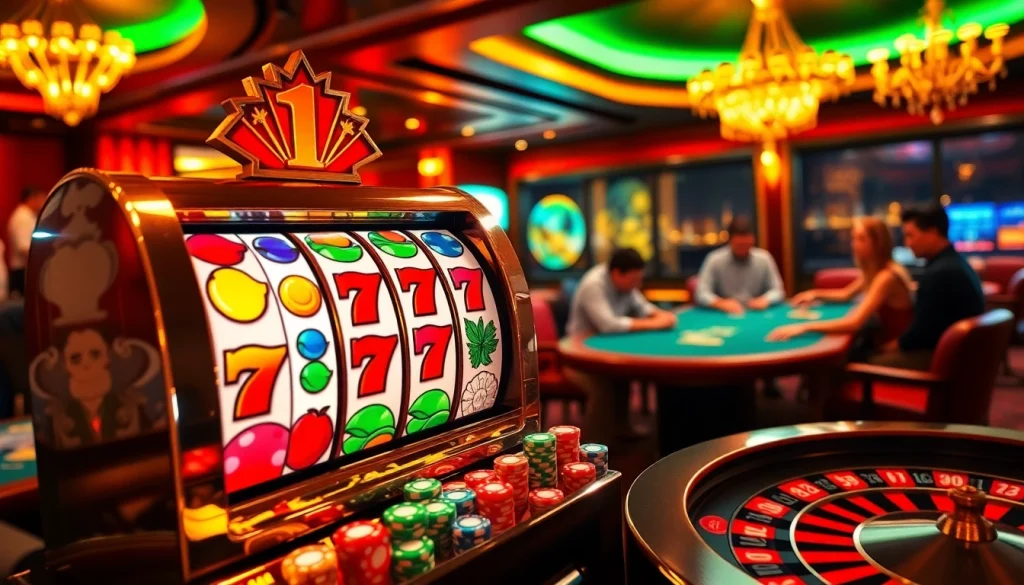 Slot Online Terpercaya - players engaging at a luxurious casino slot machine with vibrant colors.