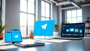 Modern workspace featuring Telegram中文版 interface on devices showcasing connectivity.