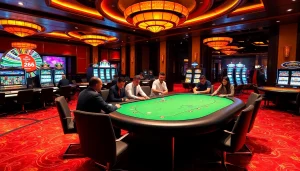 Poker players at RR88's vibrant casino table enjoying a luxury gambling experience.