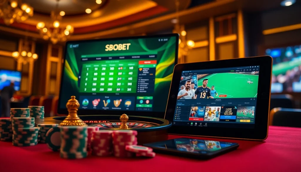 SBOBET online gambling interface showcased amid a vibrant casino scene with poker chips and roulette wheel.