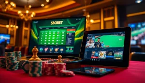 SBOBET online gambling interface showcased amid a vibrant casino scene with poker chips and roulette wheel.