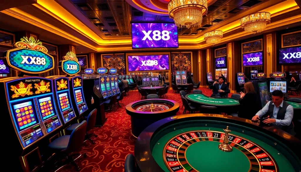 Exciting casino atmosphere with XX88 logo, vibrant slot machines, and roulette wheel.
