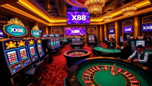 Exciting casino atmosphere with XX88 logo, vibrant slot machines, and roulette wheel.