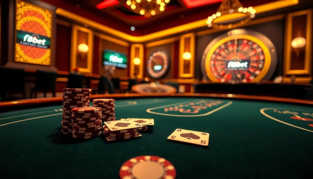 Experience excitement at an f8bet blackjack table with vibrant poker chips and a roulette wheel.