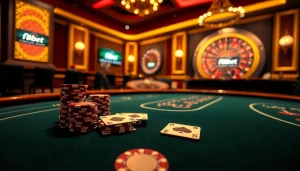 Experience excitement at an f8bet blackjack table with vibrant poker chips and a roulette wheel.