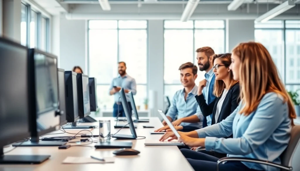 EDV Dienstleister Team discussion in a modern office setting.