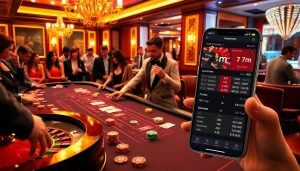 Experience intense gameplay at a 7m casino table, featuring vibrant poker chips and an electrifying atmosphere.