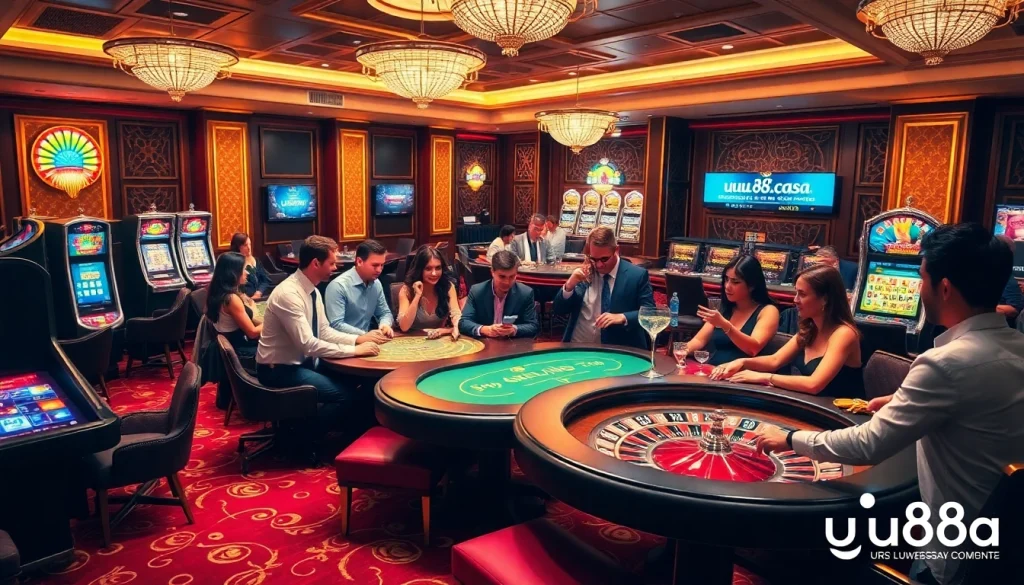 Players enjoying a thrilling casino atmosphere at uu88.casa with tables and slot machines.