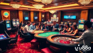 Players enjoying a thrilling casino atmosphere at uu88.casa with tables and slot machines.