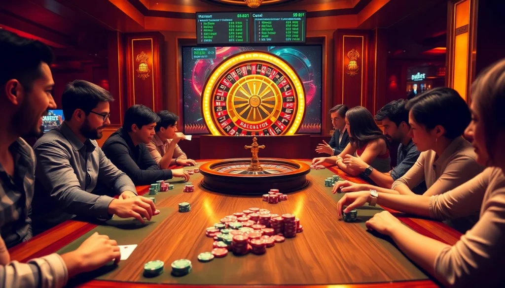 Players engage in thrilling games at 88bet casino, surrounded by vibrant poker chips and cards.