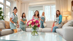 Cleaning service team efficiently tidying a cozy living room with bright lighting and warm colors.