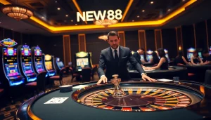 Experience the excitement of gambling at NEW88 with a luxurious casino scene featuring roulette, poker, and slot machines.