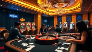 Experienced gamblers enjoying the online gaming experience at OKFUN casino, featuring vibrant slot machines and poker tables.