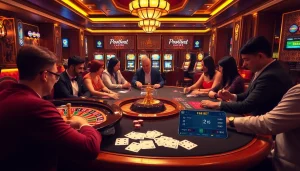Players enjoying high-stakes action at F8BET's glamorous casino, showcasing roulette and poker excitement.