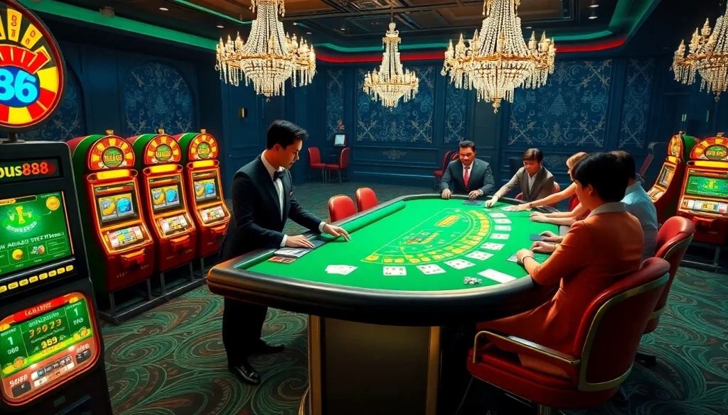 Join the excitement of Bu88 with gamers engaging at luxurious casino tables filled with vibrant action.