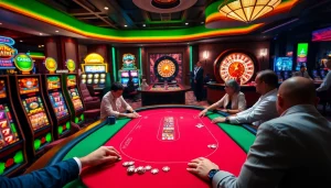 Exciting casino scene at 888TOP featuring poker players and vibrant slot machines.