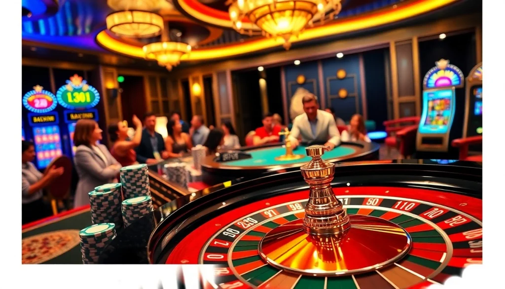 Join a thrilling cwin roulette game with vibrant colors and bright casino lights.