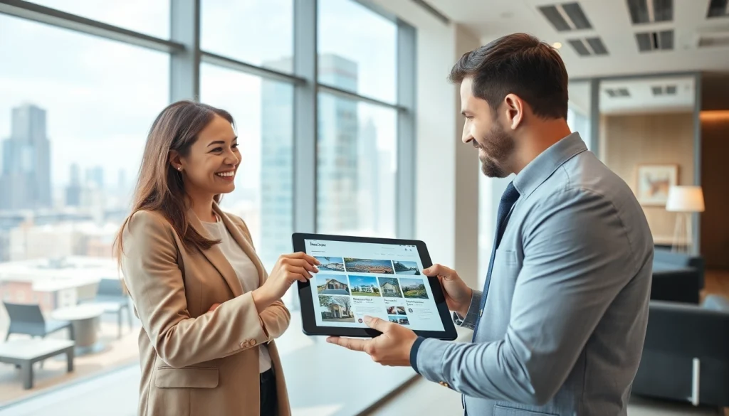 Real Estate agent showcasing listings to clients in a modern office setting.