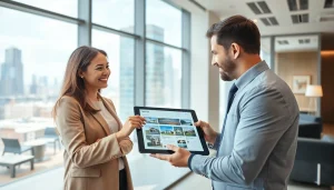 Real Estate agent showcasing listings to clients in a modern office setting.