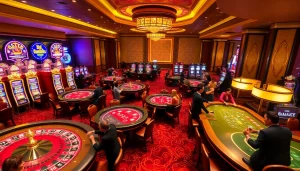 Excited players winning at the luxurious RIO casino with vibrant tables and slot machines.