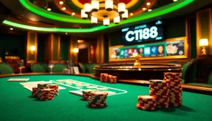 Experience the thrill of C168 casino games at an upscale poker table featuring vibrant betting chips.