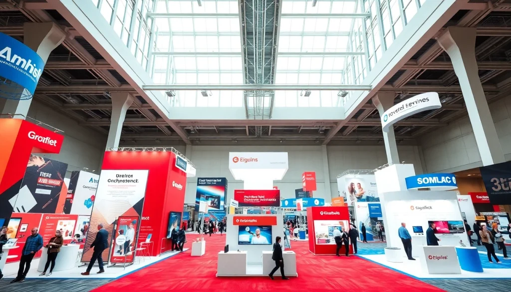 Engaged audience viewing diverse trade show displays at an exhibition venue.