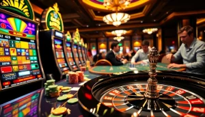 Pemain Birutoto yang terlibat berinteraksi dengan mesin slot berwarna-warni dalam suasana kasino mewah