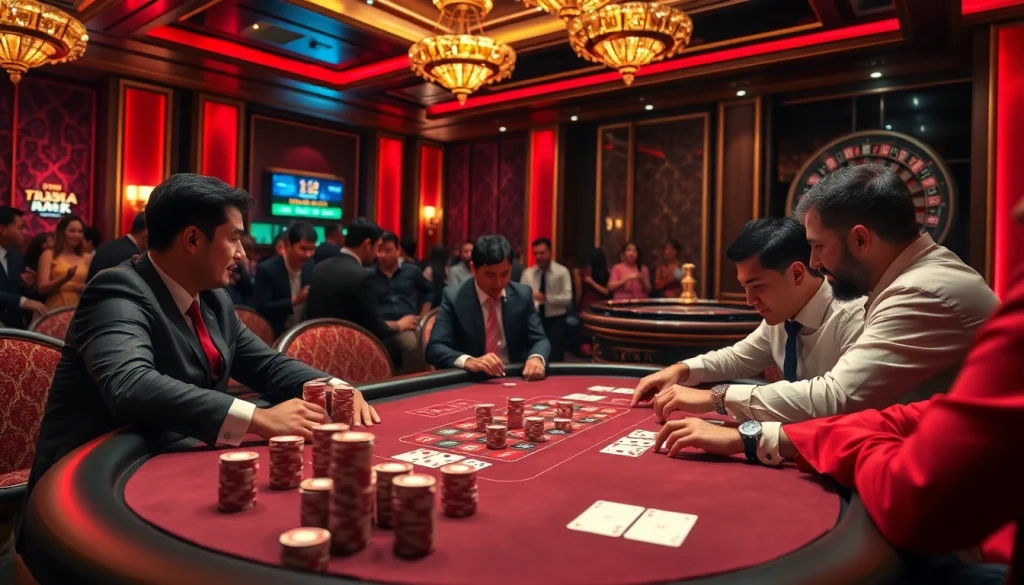 Players strategize at the tg88 poker table, immersed in high-stakes excitement surrounded by luxury.
