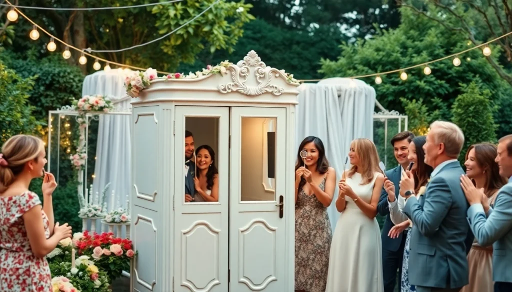 Rent a Photo Booth for weddings in a charming garden setting with elegant decor.
