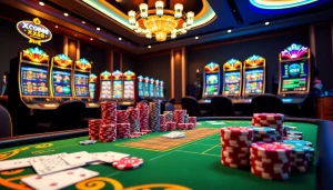 This image illustrates a vibrant online casino atmosphere at https://xx88.today/, showcasing poker chips and thrilling slot machines.