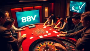 Players engage in a high-stakes poker game at an elegant 888VI casino table.