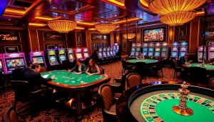 Fun88 gamblers enjoying poker and roulette in an elegant casino setting.