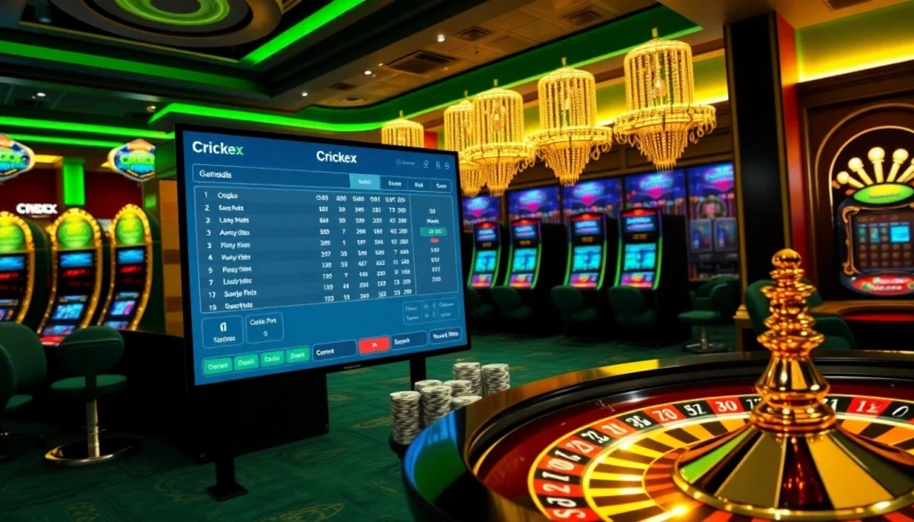 Betting on cricket matches at crickex in a vibrant casino setting.