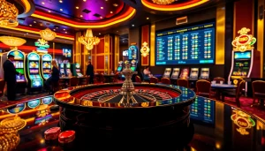 Players experiencing the thrill at 79king's vibrant casino scene with roulette and slot machines.