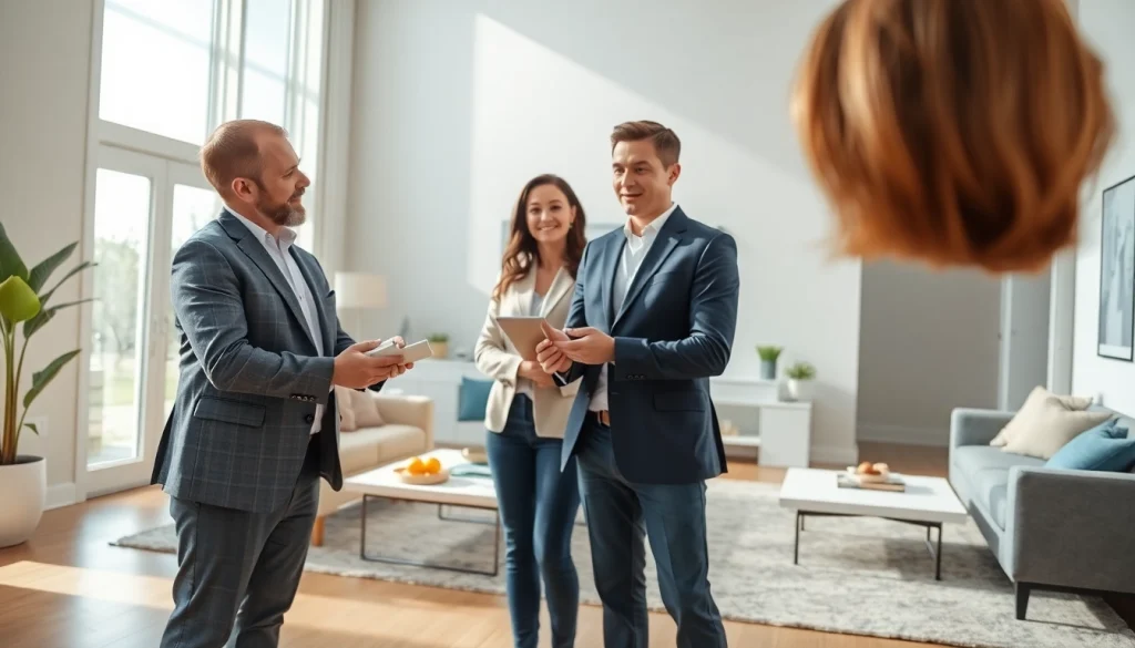 Real Estate agent engaging clients in a modern home interior showcasing inviting design features.