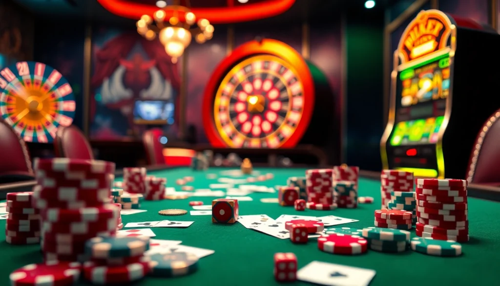 Experience thrilling gaming at https://67bett.com.br with an elegant casino scene featuring poker chips and cards.