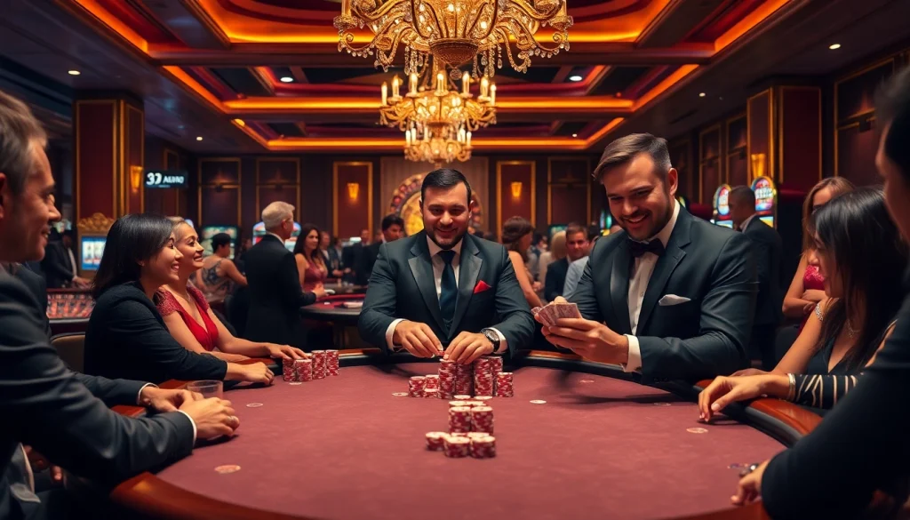 Exciting poker action at 33BD casino, with dealers, vibrant chips, and luxury ambiance.