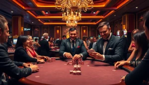 Exciting poker action at 33BD casino, with dealers, vibrant chips, and luxury ambiance.