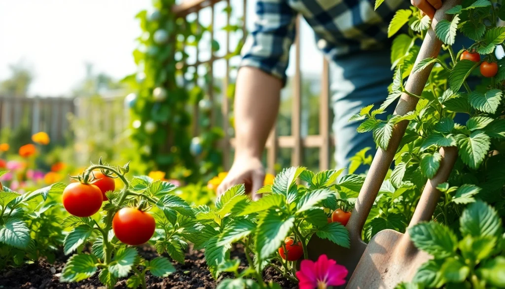 Gardening scene featuring a professional gardener with vibrant plants and tools.