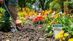 Gardening scene depicting a gardener planting in a vibrant urban garden with colorful flowers.