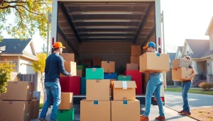 Moving and Storage services depicted by a friendly crew unloading a moving truck.