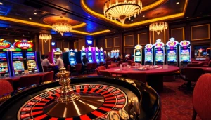 Experience the excitement of gaming at W88 link with a dynamic casino scene showcasing roulette, poker chips, and vibrant slot machines.