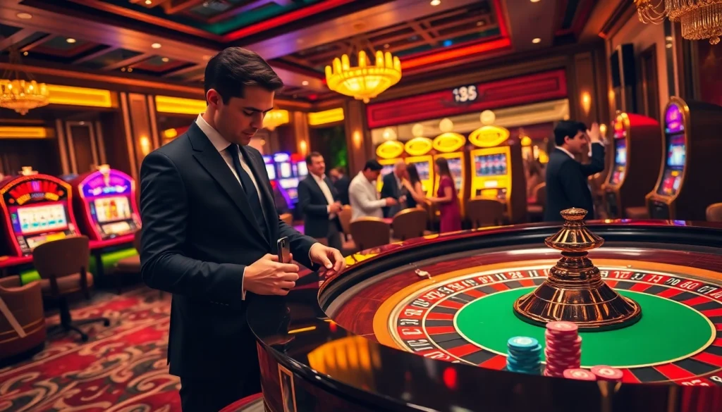 Engaging players at a roulette table at https://lucky88.tips/, experiencing thrilling casino action.