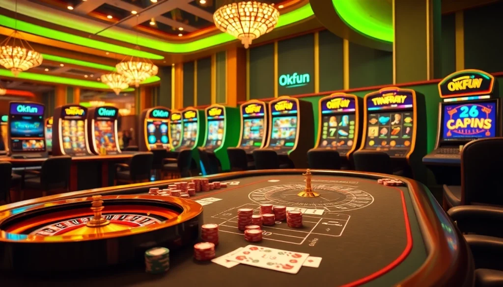 Engage in thrilling online gambling at Okfun, featuring a vibrant casino atmosphere with poker and slot machines.
