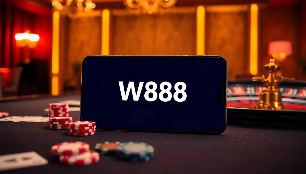 Tham gia trải nghiệm trò chơi trực tuyến đầy hồi hộp với liên kết W88 hiển thị trên một chiếc smartphone sang trọng giữa bối cảnh casino cao cấp.