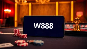 Tham gia trải nghiệm trò chơi trực tuyến đầy hồi hộp với liên kết W88 hiển thị trên một chiếc smartphone sang trọng giữa bối cảnh casino cao cấp.