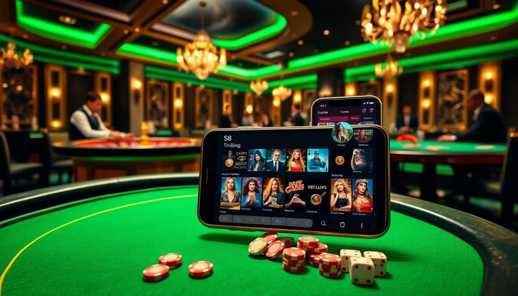 Play exciting games at S8 casino with this vibrant, luxurious table scene featuring poker chips and a roulette wheel.